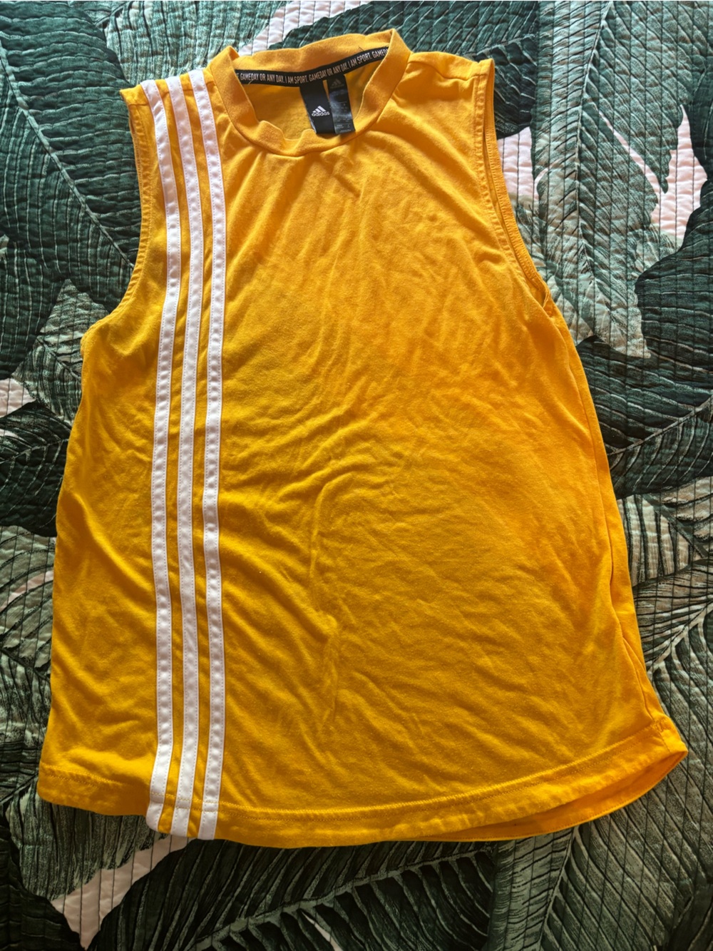 adidas Yellow Sleeveless Sport Tank with White Side Stripes